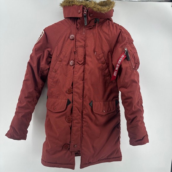 Alpha Industries MA 1 Bomber Jacket Parka Women XS Burgundy Fur Hood Patch - Picture 2 of 16